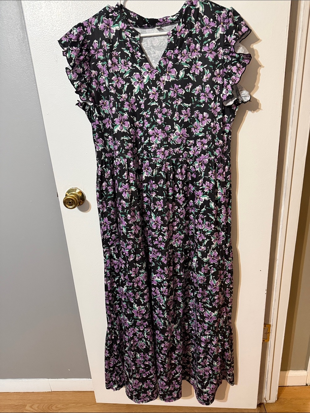 Black Floral Midi Dress with Purple Blossoms